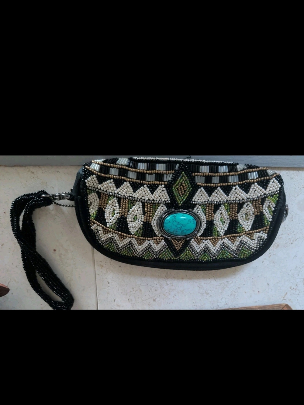 Mary Frances Black, White & Turquoise Beaded Wristlet Clutch Purse Handbag